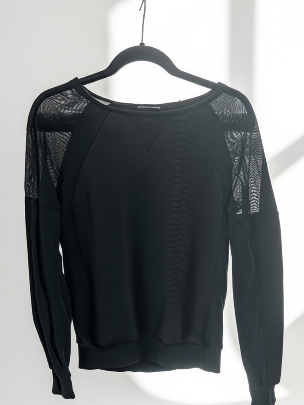 French Connection Black Crewneck Sweater with Sheer Mesh Shoulders